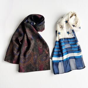 [Vintage] 80s Liz Claiborne Silk Scarves Stars Stripes Paisley Print Purse Scarf